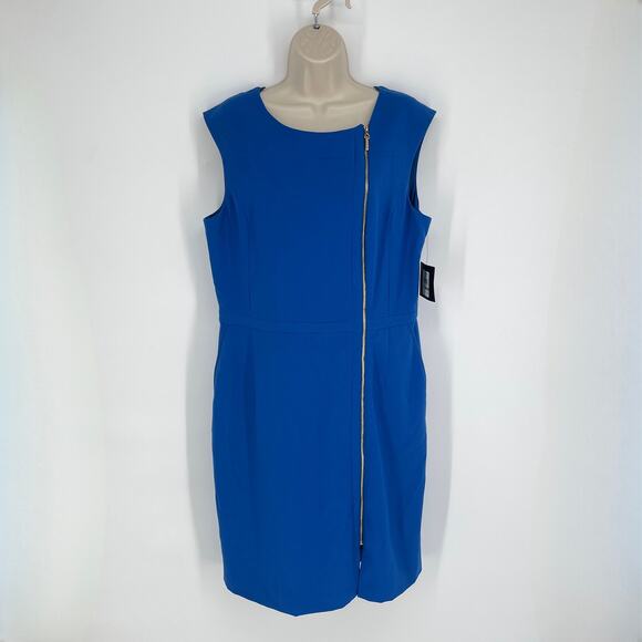 Ellen Tracy NEW Offset Zip Front Sheath Dress Sz 14 Sleeveless Lapis Blue Lined - Picture 1 of 10